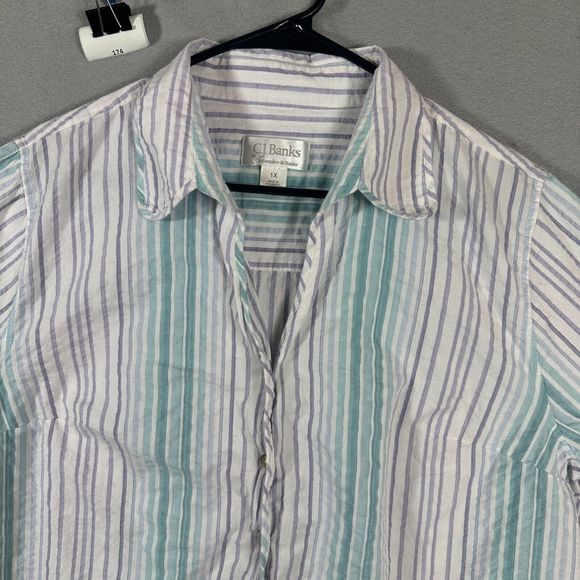CJ Banks Womens Button Up Striped Blouse Top 1X Purple Teal 3/4 Sleeve - Picture 6 of 11